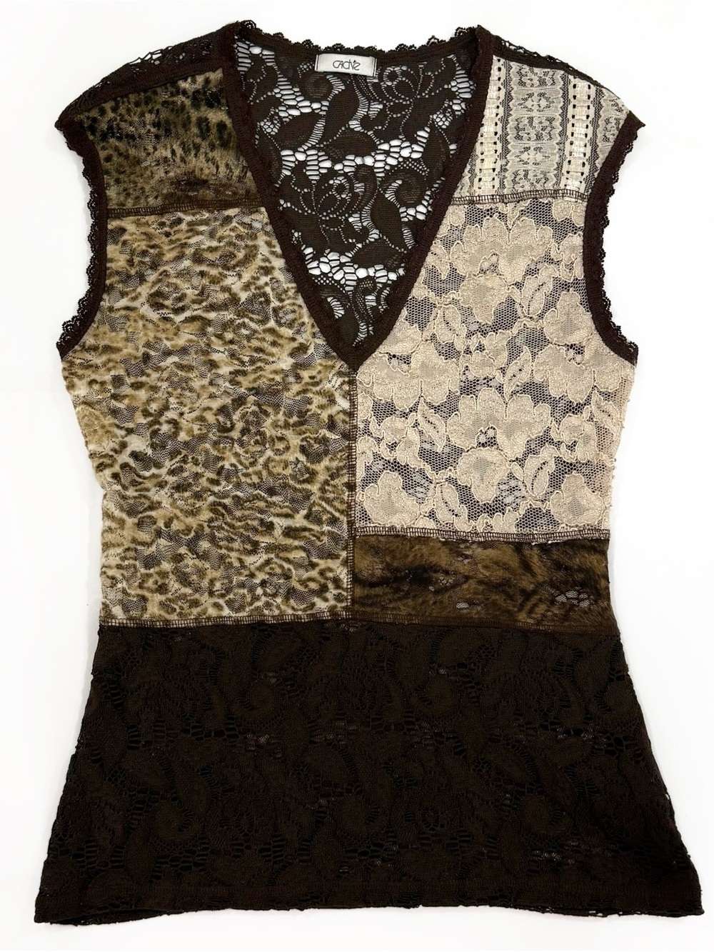 Cache Vintage brown and multi colored brown & tan lace top |Size M